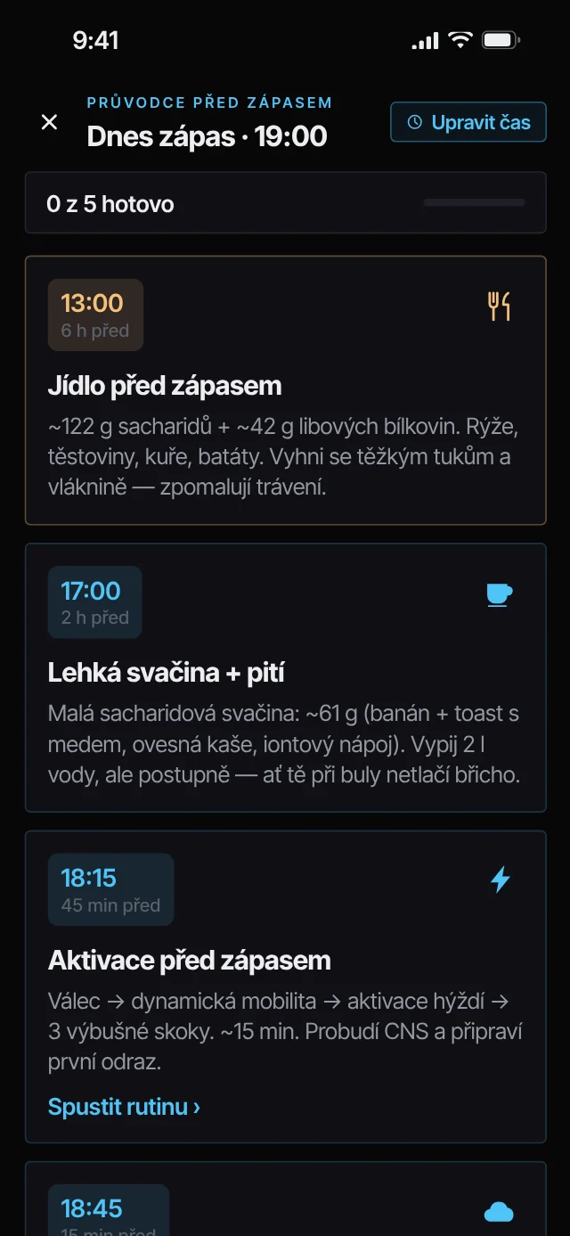Obrazovka zápasového dne v aplikaci Elite Hockey Drills s aktivací před zápasem a odpočtem do úvodního buly