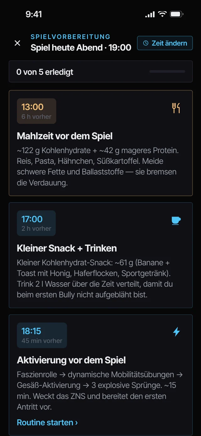 Spieltag-Bildschirm von Elite Hockey Drills mit Aktivierung vor dem Spiel und Countdown bis zum ersten Bully