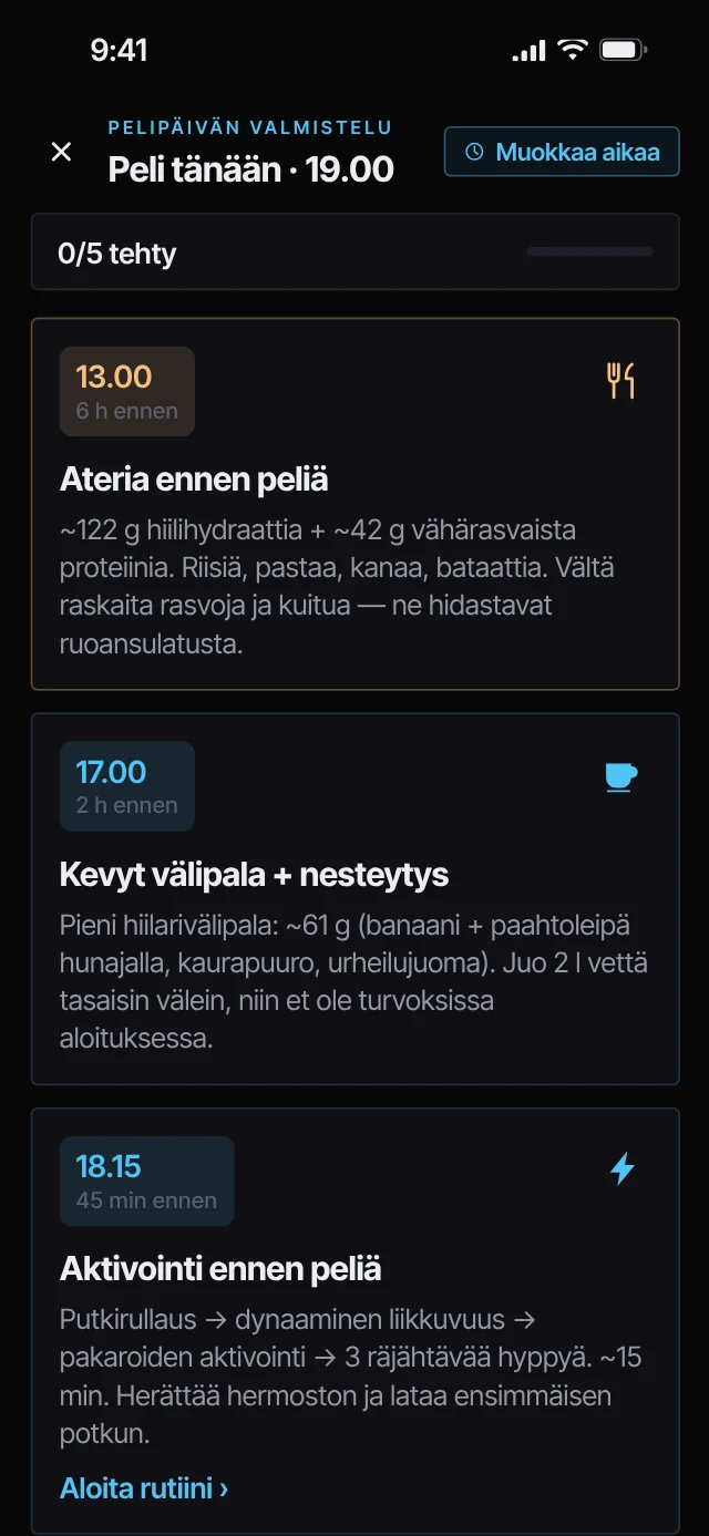 Elite Hockey Drills -sovelluksen pelipäivänäkymä: aktivointi ennen peliä ja lähtölaskenta aloitukseen
