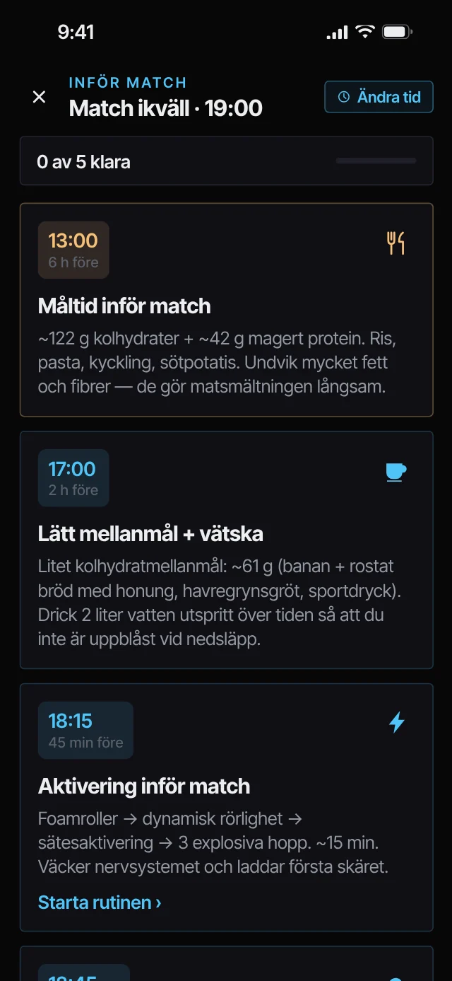 Matchdagsskärmen i Elite Hockey Drills med aktivering före match och nedräkning till nedsläpp