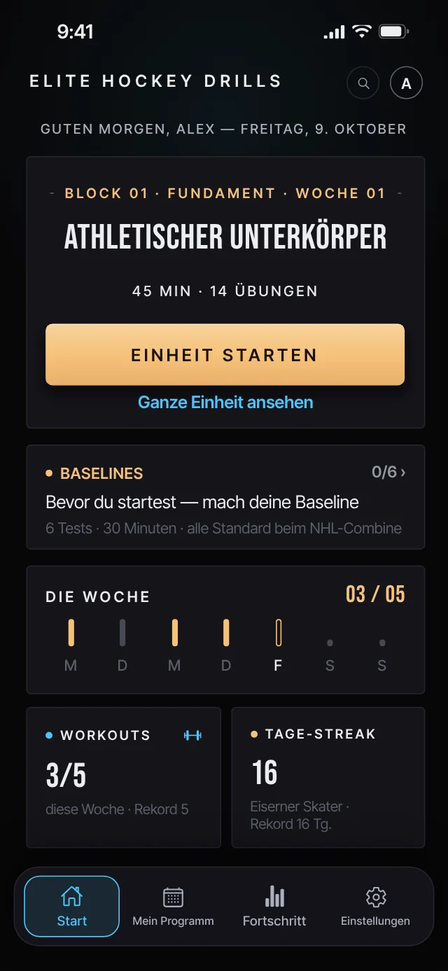Startbildschirm der Elite Hockey Drills App mit der heutigen Einheit: Athletischer Unterkörper, 45 Minuten, 14 Übungen