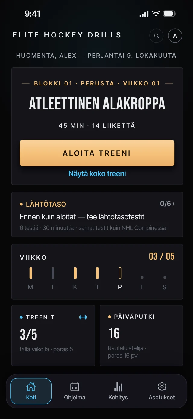 Elite Hockey Drills -sovelluksen aloitusnäkymä ja päivän treeni: Atleettinen alakroppa, 45 minuuttia, 14 liikettä