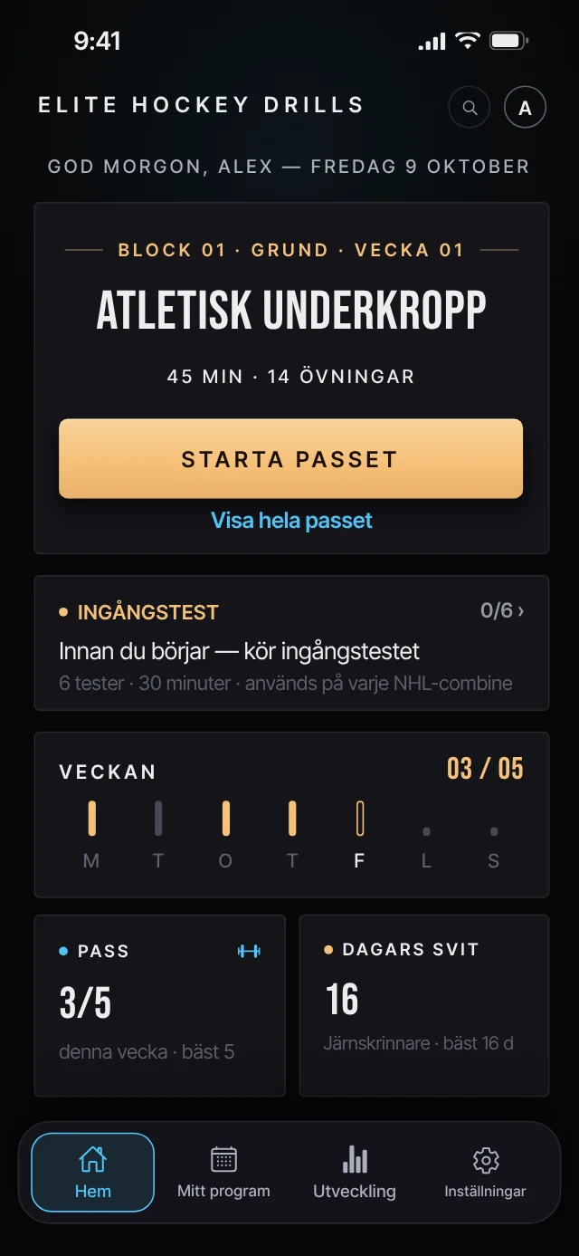 Startskärmen i Elite Hockey Drills-appen med dagens pass: Atletisk underkropp, 45 minuter, 14 övningar