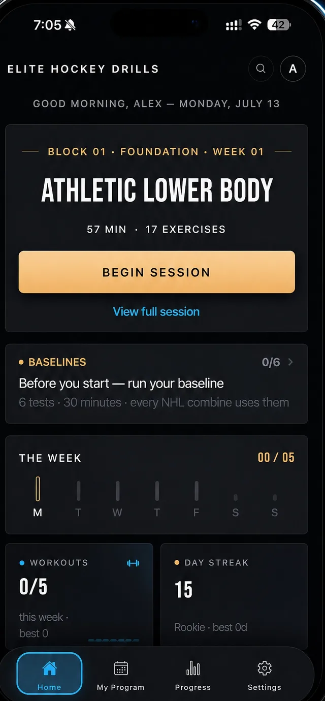Elite Hockey Drills app — today's session on the home screen