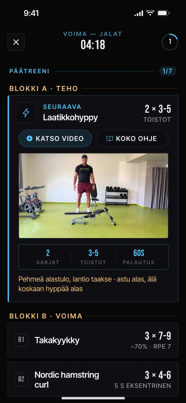 Elite Hockey Drills -sovelluksen treeninäkymä: laatikkohypyn demovideo, sarjat, toistot, tempo ja palautus
