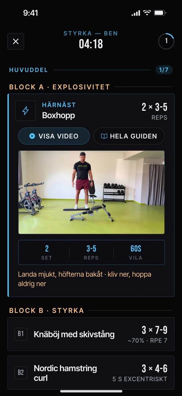 Träningsskärmen i Elite Hockey Drills med demovideo av boxhopp, set, repetitioner, tempo och vila